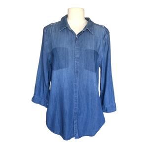 Simi Sue Blue Button Down Shirt Chambray 3/4 Sleeve Top Women's Size Large